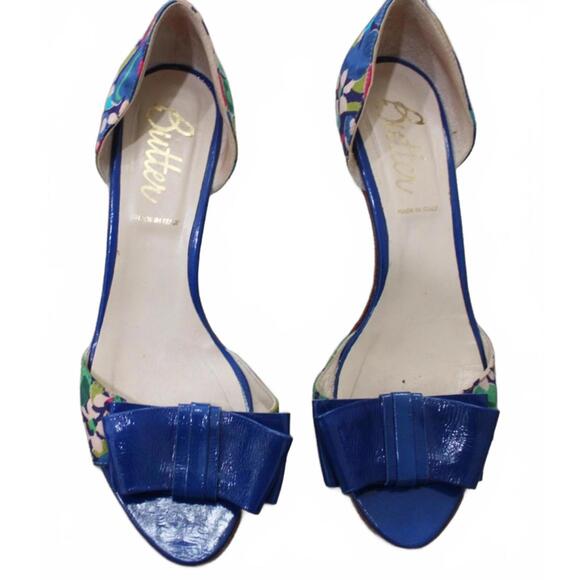 Butter Shoes - Butter Brand Blue Floral Print Open Toe Kitten Heel Pumps 8